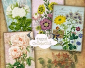 Shabby Chic Vintage Flowers Digital Collage Sheet Images for Jewelry Holders Digital Background Digital Cards Labels Tags ATC, Aceo