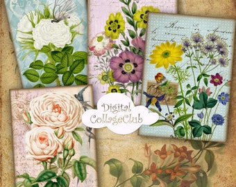 Digitalt collageark med shabby chic vintageblommor, bilder för smyckeshållare, digital bakgrund, digitala kort, etiketter, taggar ATC, Aceo