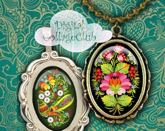 Folk Floral Art Digital Collage Sheet  18 x 25 mm Oval Cabochon Images for Pendants Jewelry Making Scrapbooking Instant Download