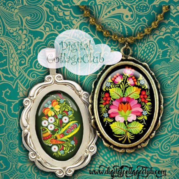 Folk Floral Art Digital Collage Sheet  18 x 25 mm Oval Cabochon Images for Pendants Jewelry Making Scrapbooking Instant Download