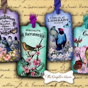 Shabby Chic French Spring Birds Digital Collage Sheet Digital Gift Hang Tags Labels, Instant Download Vintage Journaling Scrapbooking Penpal