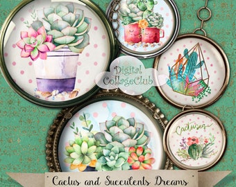 Cactus and Succulents Dreams Round Digital Images 1 inch Circles Bottle Cap Bottlecap Art Print Scrapbooking Card Making Decoupage Paper