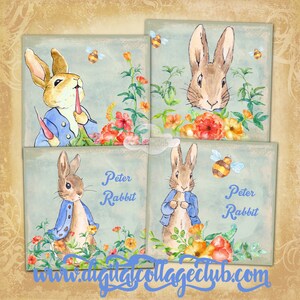 Convites para festas Peter Rabbit Folha de colagem digital de imagens Porta-copos, confecção de cartões, ATC, decupagem, artesanato em papel, cartões de registro no diário, coisas efêmeras