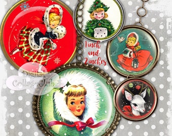 Retro Christmas 1 Inch Digital Collage Sheet Bottle Caps Bottlecap Images for Jewelry Making, Christmas Decorations Ornaments