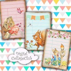 Peter Rabbit and Friends Digital Collage Sheet Library Cards, Digital Download ATC Digital Cards Digital Journaling Background Journaling image 1