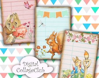 Peter Hase und seine Freunde – Digitale Collage-Vorlage, Bibliothekskarten, Digitaler Download, ATC-Digitalkarten, Digitaler Journaling-Hintergrund