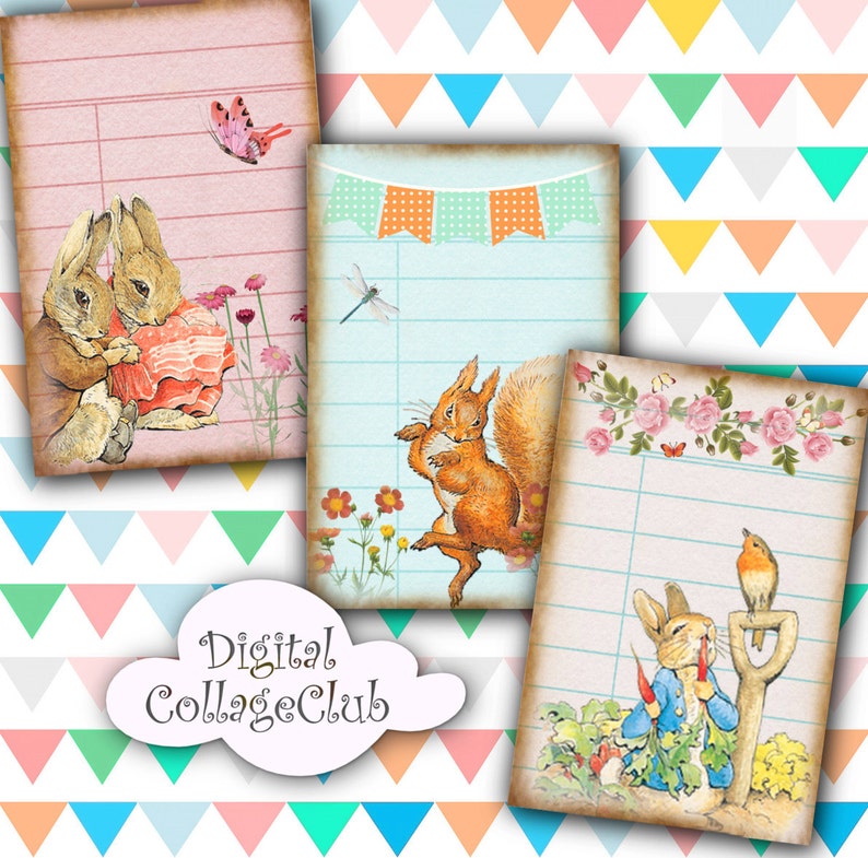 Peter Rabbit and Friends Digital Collage Sheet Library Cards, Digital Download ATC Digital Cards Digital Journaling Background Journaling image 1