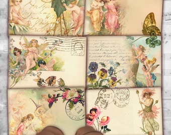 Digital Instant Download Vintage Flower Fairies Postcards, Digital Cards, Labels, Gift Tags, Journal Cards, Decoupage Paper Scrapbooking ATC