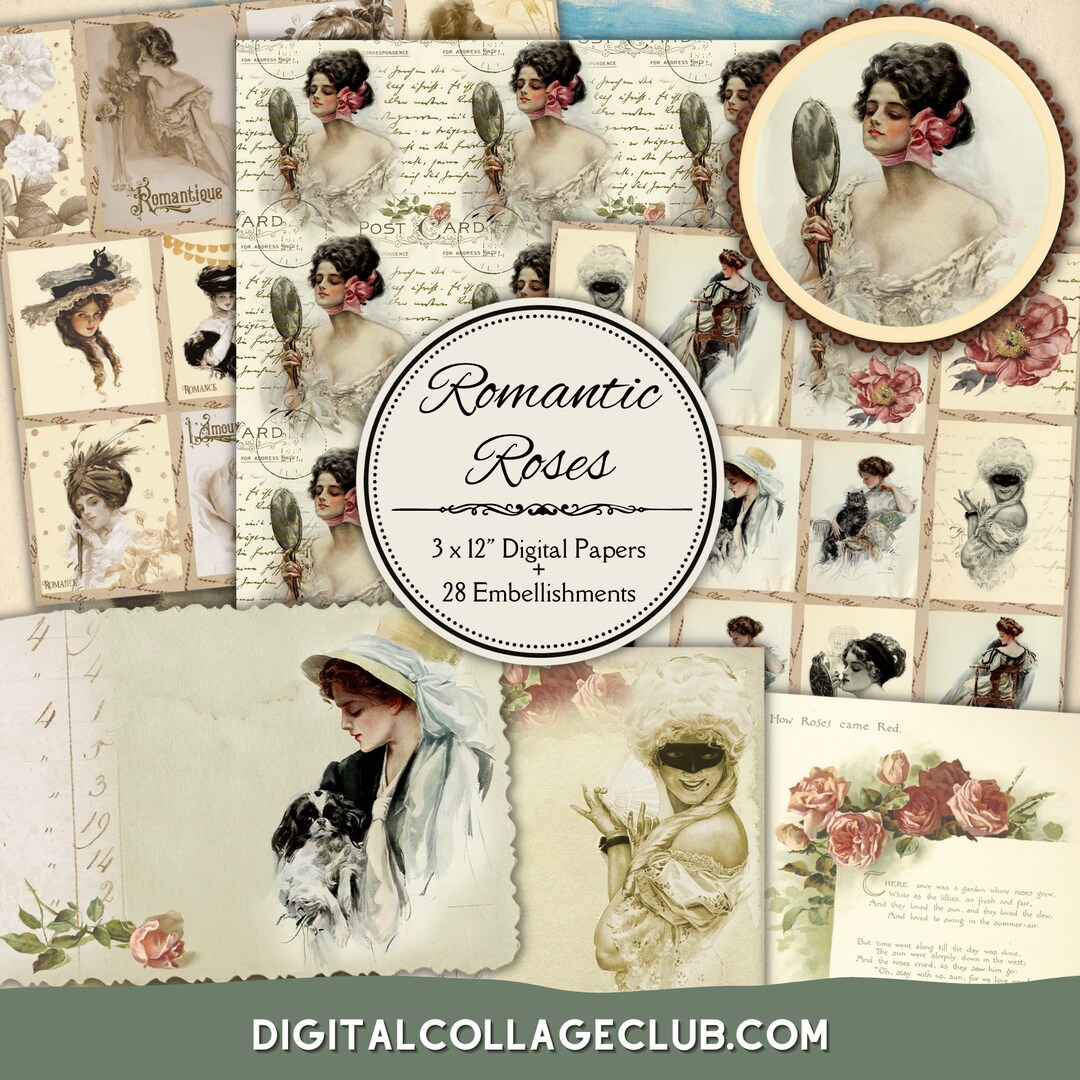 Romantic Roses Valentines Day Digital Paper Tags Vintage Images for ...