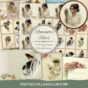 Étiquettes en papier numérique roses romantiques pour la Saint-Valentin Images vintage pour scrapbooking fabrication de cartes écriture avec correspondance découpage artisanat courrier postal