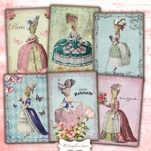 Marie Antoinette Instant Download Shabby Chic Vintage Franse ATC ACEO-kaarten Digitale Collage Vel Cadeaukaartjes Kaarten Maken Journaling Supplies