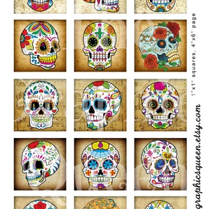 May include: A set of 12 digital printable images featuring colourful sugar skull designs. Each image is 1 inch square and is perfect for crafting projects like scrapbooking, card making, and more.