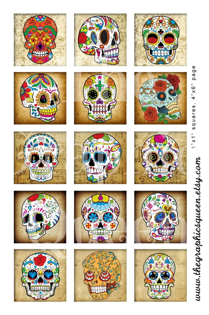 May include: A set of 12 digital printable images featuring colourful sugar skull designs. Each image is 1 inch square and is perfect for crafting projects like scrapbooking, card making, and more.