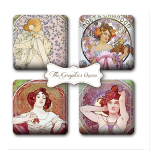 Alphonse Mucha Art- 1x1 Digital Collage Sheet for Scrabble Tile Images Pendants Scrabble Jewelry Supplies Square necklace Journaling Inserts