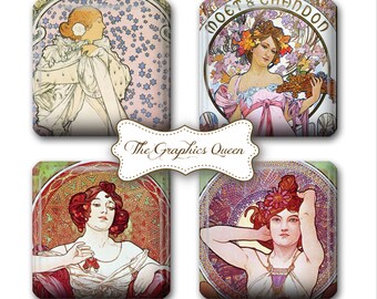 Alphonse Mucha Art- 1x1 Digital Collage Sheet for Scrabble Tile Images Pendants Scrabble Jewelry Supplies Square necklace Journaling Inserts