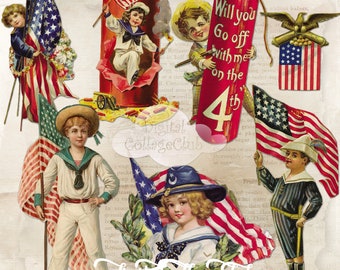 vintage 4 juillet Clipart Patriotic Digital Collage Sheet Clip Art Cardmaking Scrapbooking Journaling Decoupage Paper