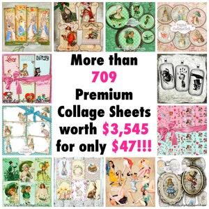 May include: A collage of images showcasing over 709 premium digital collage sheets, worth $3,545, for only $47. The images include various themes, such as bunnies, vintage illustrations, and pin-up girls.