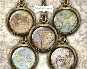 1 Inch 25 mm Round Circle Antique Map Digital Collage Bottle Cap Images great for Map Stickers Scrapbooking Journaling CArdmaking Penpal ATC