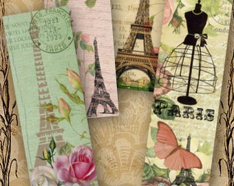 Shabby Chic Paris Bookmarks - Digital Collage Sheet Printable Download Paris Ephemera Vintage Paper Craft Eiffel Tower Images Journaling ATC