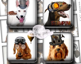 Steampunk Dogs 1x1 Inch Digital Collage Sheet Square Scrabble Tiles Images for Jewelry Making Instant Digital Download Scrapbooking Penpal