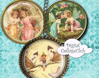 Vintage Feeën Digitale Collage Vel 1,5 inch Afbeeldingen voor Sieraden Ronde Cirkels Digitale Feeën en Pixies Fairy Clipart Journaling Supplies