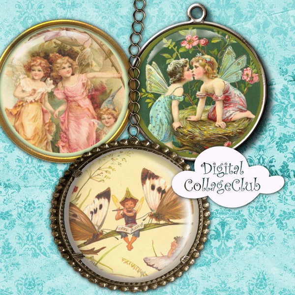 Vintage Fairies Digital Collage Sheet 1.5 inch Images for Jewelry Round Circles Digital Fairies and Pixies Fairy Clipart Journaling Supplies