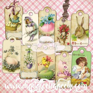 Vintage Easter Bunny Eggs Children Digital Hang Gift Tags Labels Images for Scrapbooking Journaling Embellishment