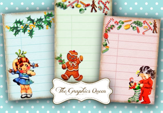 Vintage Retro Christmas Digital Library Cards Digital Cards, 8 x Digital Printable Journaling Scrapbooking ATC Background Journaling Cards