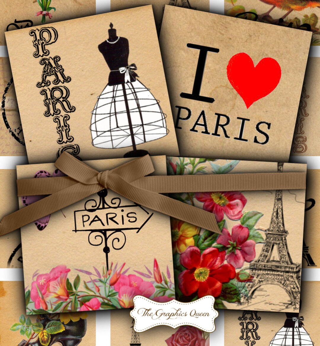 Vintage Paris Eiffel Tower Digital Collage 1 Inch Square Scrabble Tile ...
