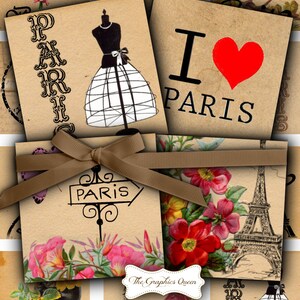 Vintage Paris Eiffel Tower Digital Collage 1 inch Square Scrabble Tile Images Scrapbooking Journaling Cardmaking Paper Crafts Penpal Supplie
