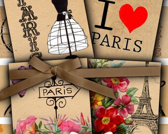 Vintage Paris Eiffel Tower Digital Collage 1 inch Square Scrabble Tile Images Scrapbooking Journaling Cardmaking Paper Crafts Penpal Supplie