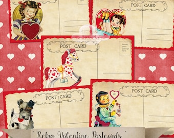 Retro Vintage Valentines Valentine's Day Digital Postcards Cards Images for SCrapbook Scrapbooking Card Making Journaling