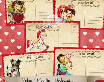 Postales digitales retro vintage de San Valentín, tarjetas, imágenes para álbumes de recortes, tarjetas, diarios