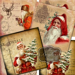 Puede incluir: Collage de postales de Navidad vintage con imágenes de Papá Noel sosteniendo un árbol de Navidad, un ciervo y una partitura musical. Las postales tienen un aspecto desgastado y antiguo y son perfectas para manualidades y scrapbooking.