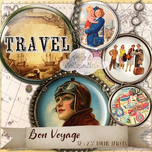 Bon Voyage Travel Cupcake Cake Topper Foglio di collage digitale Cerchio rotondo da 2,5 pollici Immagini per etichette per creazione di biglietti Forniture per diario