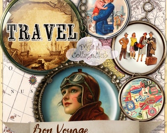 Bon Voyage Travel Cupcake Cake Topper Digital Collage Sheet 2.5 Inch Round Circle Images for Cardmaking Tags Journalling Supplies Journaling