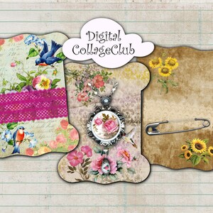 Vintage Flower Shabby Chic Bird Images Digital Lace Ribbon Jewelry Holder Digital Tags Instant Download Digital Collage Sheets Journaling