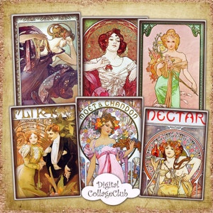 Alphonse Mucha Vintage Ladies Digital Images for Jewelry Holders, ATC Greeting Cards, Digital Tags, Digital Labels Journalling Scrapbooking