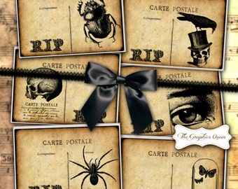 May include: Set of six vintage-style printable postcards with a Halloween theme. Each card features a different creepy image, including a skull, an eye, a spider, a beetle, a crow, and a moth. The cards are printed on a textured paper with a distressed look. The text "CARTE POSTALE" and "RIP" is printed on each card.