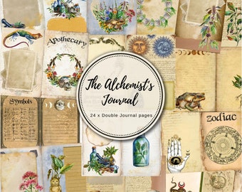 May include: A collage of 24 double journal pages with an alchemist theme. The pages feature illustrations of plants, animals, symbols, and text. The title "The Alchemist's Journal" is in a circle in the center of the collage.