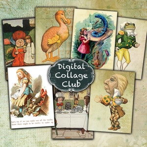 Alice in Wonderland Digital Collage Cards, Jewelry Holders, Digital Cards, Labels. Digital Instant Download Scrapbooking Supplies Journaling