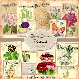 Shabby Botanische Postkarten Ephemera Bilder Rechteck und quadratische Bilder für Schmuck Decoupage Journaling Scrapbooking Digital Collage Sheet