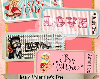 Retro Valentines Day Digital Tickets Tags Vintage Images for Scrapbooking Cardmaking Journaling Cards Penpal paper Crafts Happy Snail Mail