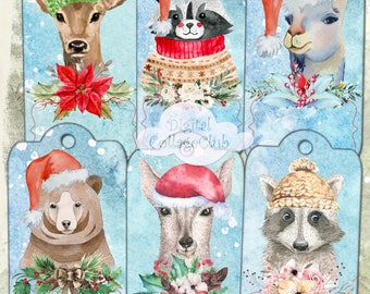 Weihnachtliche Tierfreunde – Digitale Etiketten, Lesezeichen, Aufkleber, Druckvorlage für Decoupage, Scrapbooking, Collagen