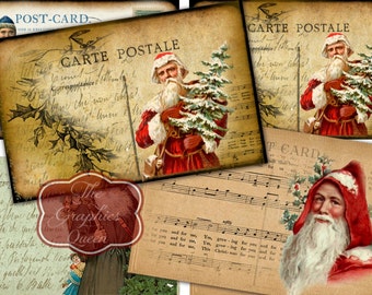 Vintage Weihnachtsmann-Postkarten, Etiketten, Anhänger, Weihnachtsmann-Kartendekoration, digitaler Download, digitales Papier, Scrapbooking-Zubehör, Journaling