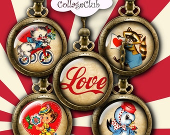 Retro-Valentinstag-Flaschendeckelmotive für Flaschendeckel, 1-Zoll-Digitalcollage-Blatt, runde Motive für Schmuckherstellung, Anhänger, Magnete, Reste, ATC