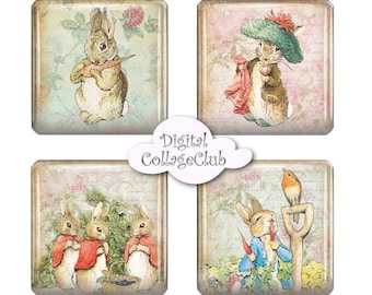 Shabby Chic Peter Rabbit Party Easter Digital Collage 1 inch square Tile Digital Collage Sheet Jewelry Images Digital Paper