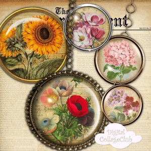 Shabby Chic Vintage Flowers 2 Inch Digital Collage Sheet Images for Pendants, Scrapbooking, Decopauge, Cupcake Toppers, Pocket Mirror Penpal