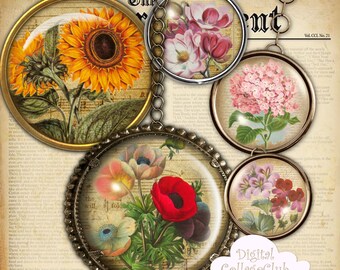 Shabby Chic Vintage Flowers 2 Inch Digital Collage Sheet Images for Pendants, Scrapbooking, Decopauge, Cupcake Toppers, Pocket Mirror Penpal