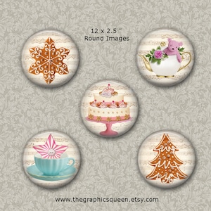 Digital Christmas Tea Time Party Round Images 2.5 Inch Circles, Pocket Mirrors, Tags, Digital Cupcake Toppers, Digital Collage Journaling